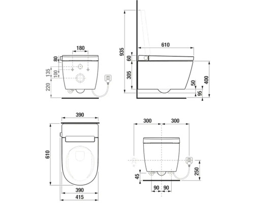 Technický výkres závěsného WC s bidetovou funkcí a souvisejícími rozměry.