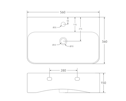 Technický výkres umyvadla s rozměry