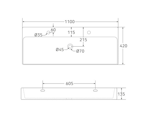 Technický nákres umyvadla s rozměry