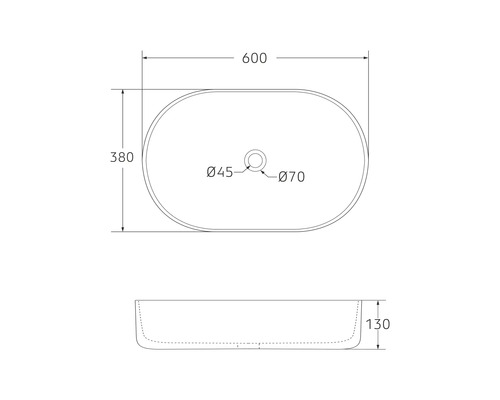 Technický nákres umyvadla na desku s rozměry