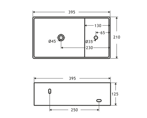 Technický nákres umyvadla s rozměry