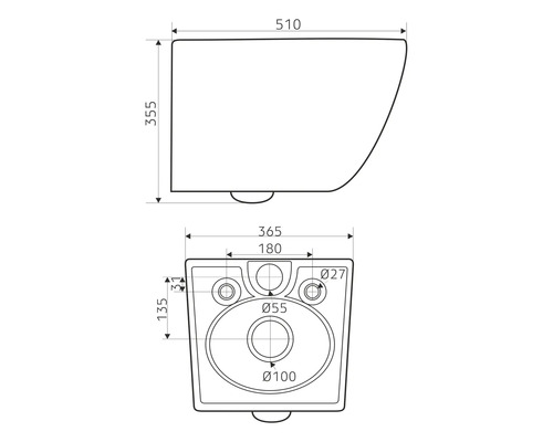Technický nákres závěsného WC s rozměry