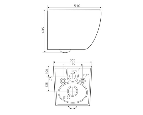 Technický nákres závěsného WC s rozměry