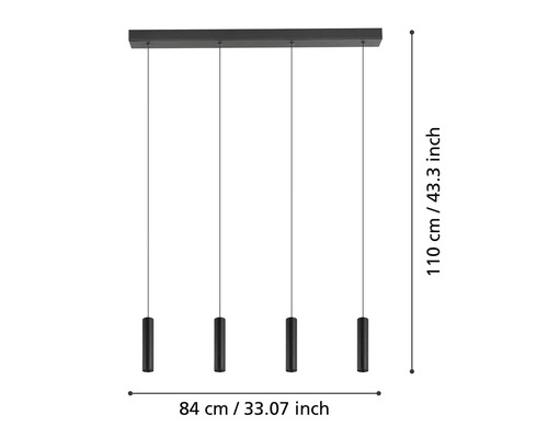 Černé závěsné svítidlo se čtyřmi žárovkami a rozměry