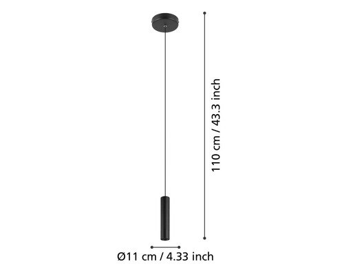 Obrázek závěsného svítidla s rozměry: délka 110 cm, průměr 11 cm