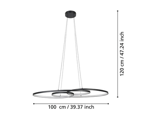 Závěsné svítidlo se třemi kruhy o rozměrech 100 centimetrů krát 120 centimetrů