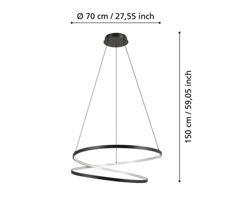 Dekorativní závěsné svítidlo o rozměrech 70 cm v průměru a 150 cm na výšku.