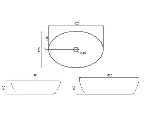 Technický výkres umyvadla na desku s rozměry.