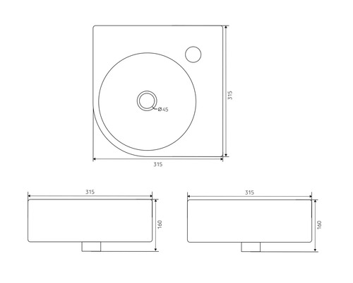 Technický výkres umyvadla s rozměry.