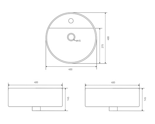 Technický nákres umyvadla na desku s rozměry