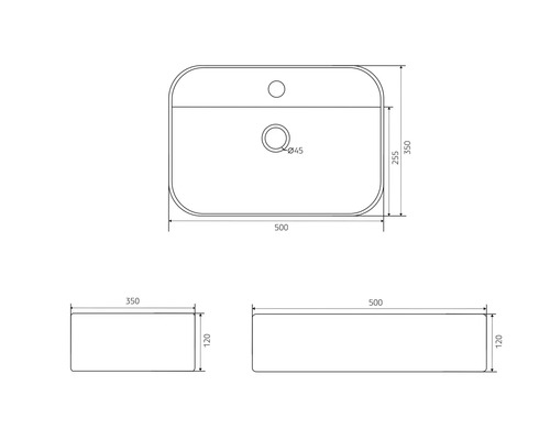 Technický nákres umyvadla s rozměry