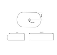 Technický nákres umyvadla na desku s rozměry