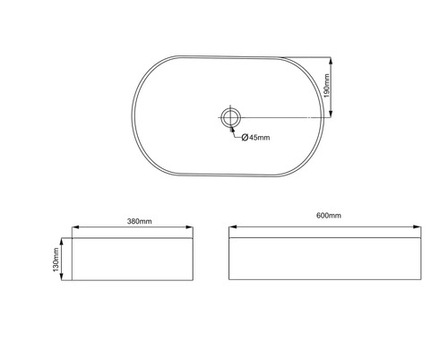 Technický nákres umyvadla na desku s rozměry