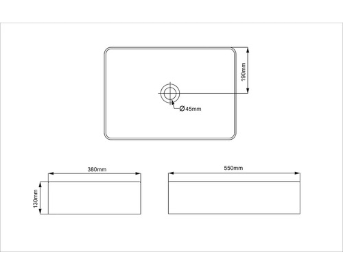Technický nákres umyvadla na desku s rozměry