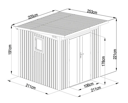 Technický nákres zahradního domku s rozměry