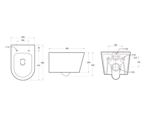 Technický nákres závěsného WC s rozměry