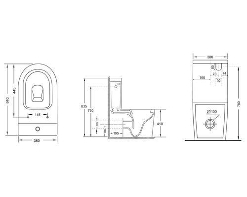 Technický nákres stojícího WC s rozměry