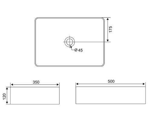 Technický nákres obdélníkového umyvadla s rozměry