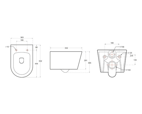 Technický výkres závěsného WC s rozměry