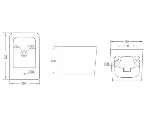 Technický výkres umyvadla s rozměry