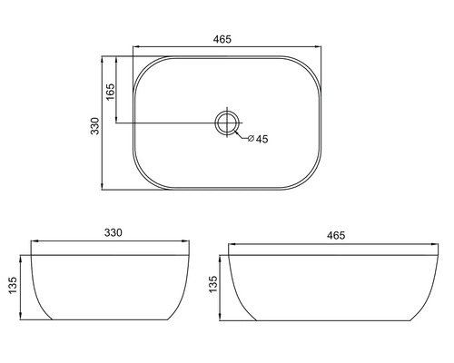 Technický nákres umyvadla na desku s rozměry