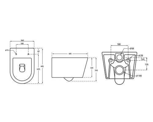 Technický nákres toalety s rozměry