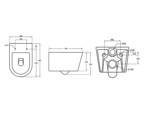 Technický nákres závěsného WC s rozměry
