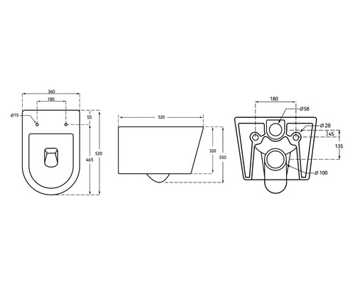 Technický nákres závěsného WC s rozměry
