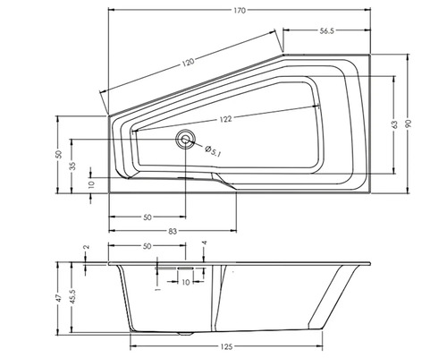 Technický výkres vany s rozměry