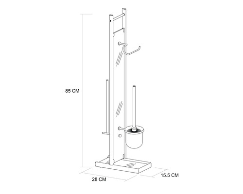 Nákres volně stojícího držáku toaletního papíru s WC štětkou, výška 85 cm, šířka 28 cm, hloubka 15,5 cm