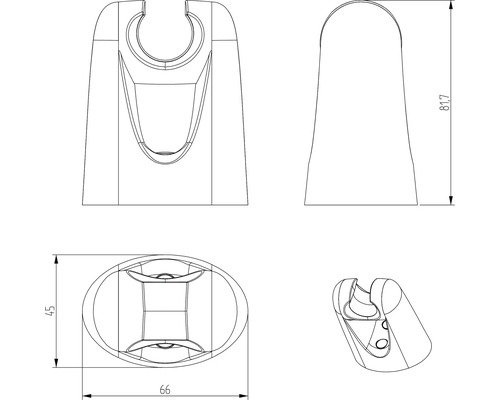 Technický nákres držáku sprchy s rozměry