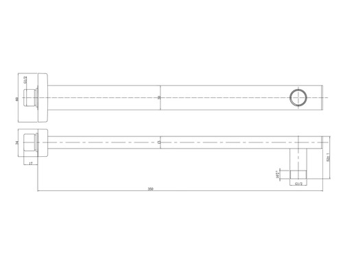 Technický nákres nástěnného výtoku s rozměry