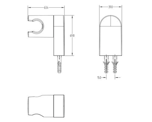 Technický nákres držáku sprchy s rozměry
