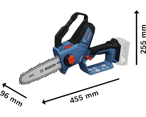 Akumulátorová řetězová pila Bosch o rozměrech 455 mm délka, 96 mm šířka a 255 mm výška