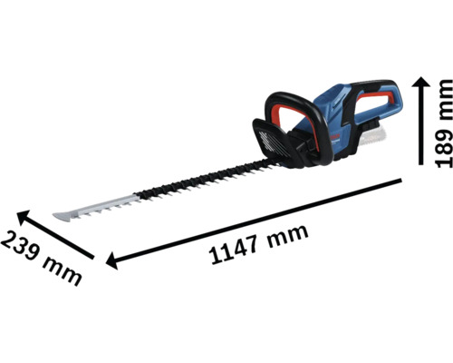 Akumulátorové nůžky na živý plot Bosch o rozměrech 1147 mm délka, 239 mm šířka a 189 mm výška.