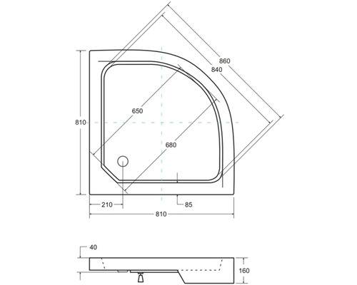 Technický nákres sprchové vaničky s rozměry