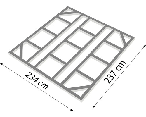 Podkladová konstrukce o rozměrech 234 cm krát 237 cm