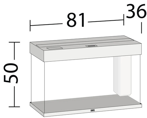 Obrázek akvária s rozměry: 50 cm výška, 81 cm délka a 36 cm šířka.