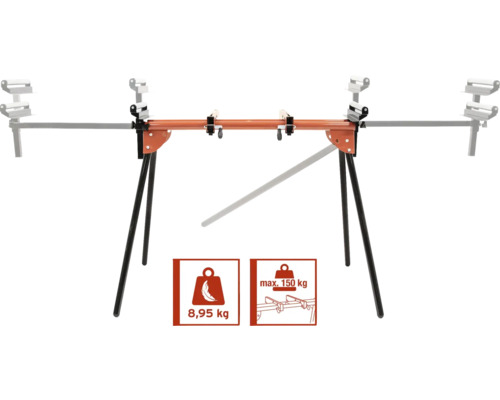Spodní rám pracovní lavice s maximální nosností 150 kilogramů a hmotností 8,95 kilogramů.