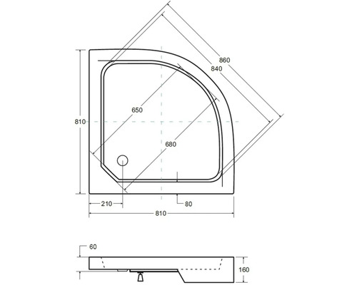 Technický výkres sprchové vaničky s rozměry