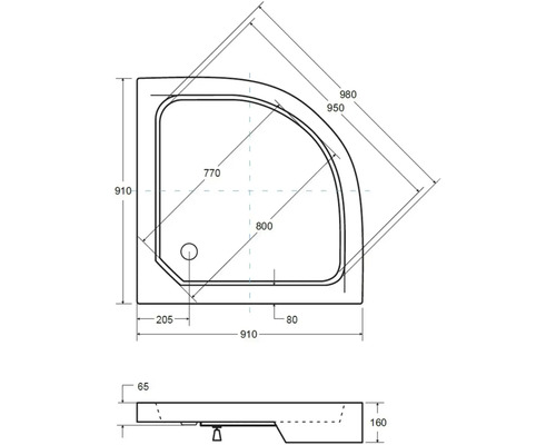 Technický výkres sprchové vaničky s rozměry