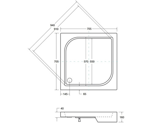 Technický výkres sprchové vaničky s rozměry