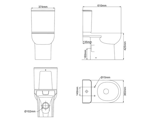 Technický výkres stojícího WC s rozměry.