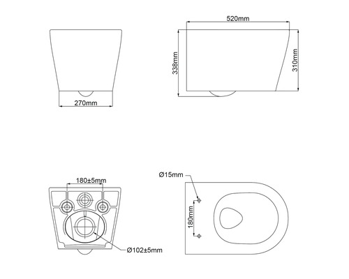 Technický nákres závěsného WC s rozměry