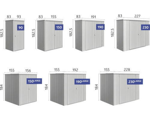 Různé velikosti kovových skříní na nářadí s rozměry