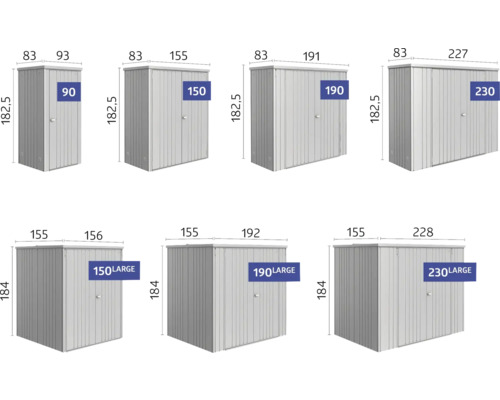 Různé velikosti kovových skříní o šířkách 90 cm, 150 cm, 190 cm a 230 cm