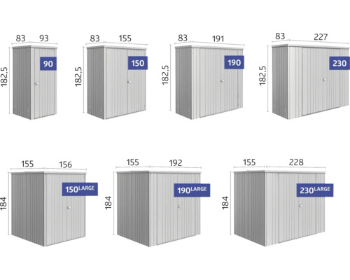 Obrázek různých zahradních skříní s uvedením velikostí