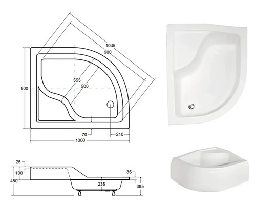 Nákres a pohledy na sprchovou vaničku