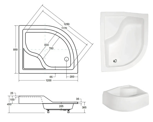 Obrázek rohové sprchové vaničky s rozměry.