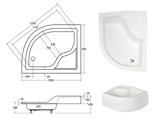 Technický nákres a pohledy na sprchovou vaničku s rozměry.